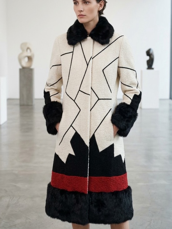 MaxMara Jackets & Blazers - Vintage MaxMara Made in Italy Geometric Wool Coat with Fur Trim size 8 / EU 40
